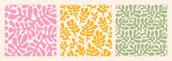 Wall Mural - Groovy abstract flower art seamless patterns. Organic floral doodle shapes in trendy naive retro hippie 60s 70s style. Matisse curves aestethic. Botanic vector background in pink, yellow colors.