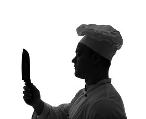 Wall Mural - Silhouette of male chef with knife on white background