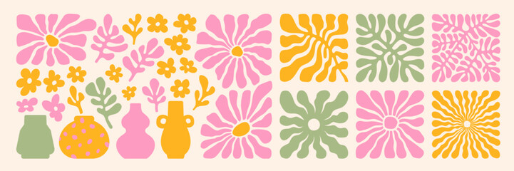 Wall Mural - Matisse curves aestethic. Groovy abstract flower art set. Organic floral doodle shapes in trendy naive retro hippie 60s 70s style. Botanic vector illustration in pink, yellow, green colors.