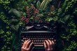 Writer creativity imagination concept illustration, typewriter flying over amazon forest natural landscape. Generative AI