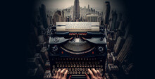 Writer creativity imagination concept illustration, typewriter flying over cityscape. Generative AI