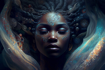 Fifth element woman goddess african american fantasy human representation. Generative AI model