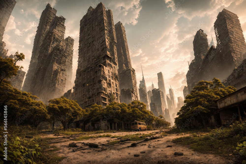 The last remains of us. The post-apocalyptic view of the ruins of a ...
