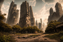 The Last Remains Of Us. The Post-apocalyptic View Of The Ruins Of A Destroyed City Overgrown By Plants. Generative AI