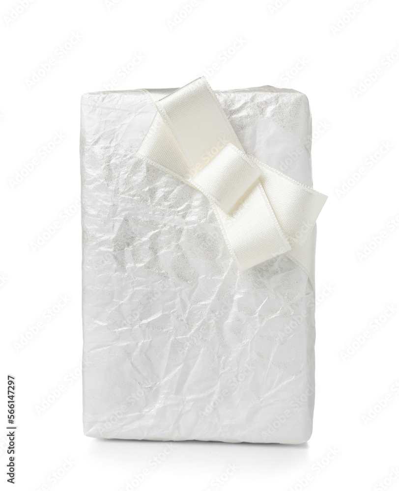 Gift box with silk bow on white background