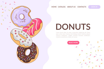 Wall Mural - Stylish vector illustration with donuts in multicolored glaze. Illustration for culinary or business items. Ideal for Web page design template, online store.