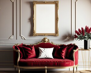  A Victorian room with ornate details and a gold mockup frame, showcasing a neutral color palette with pops of red, generative ai	