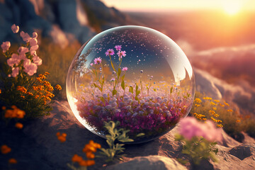 Wall Mural - fantasy world with flowers and sunset in transparent sphere