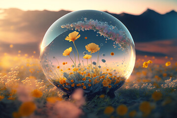 Wall Mural - fantasy world with flowers and sunset in transparent sphere