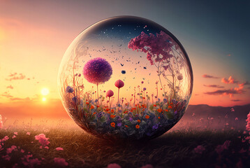 Wall Mural - fantasy world with flowers and sunset in transparent sphere