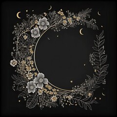 boho frame with flowers, celestial trendy linear style, mystical borders, line art, vector, moon, fi
