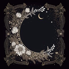 boho frame with flowers, celestial trendy linear style, mystical borders, line art, vector, moon, fi
