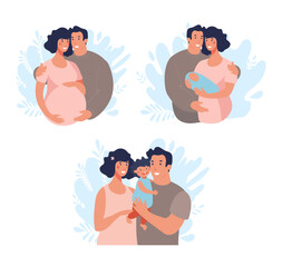 Pregnant woman with husband and newborn baby set, parenthood and motherhood. The concept of pregnancy, family, medical care, advice to young parents. Flat vector illustration.