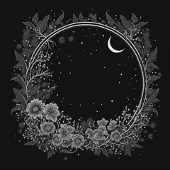 boho frame with flowers, celestial trendy linear style, mystical borders, line art, vector, moon, fi