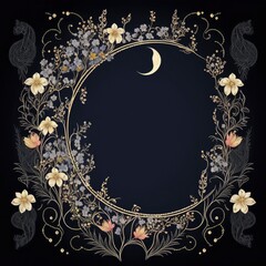 boho frame with flowers, celestial trendy linear style, mystical borders, line art, vector, moon, fi