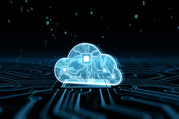 Poster - Glowing cloud hologram. Cloud computing technology internet on converging point of circuit and abstract blue background. Cloud Service, Cloud Storage Concept. 3D Rendering.