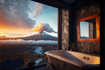 Poster - Bathtub with a view over a large mountain at sunset. Generative AI
