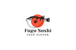 Puffer Fish Logo Japanese Food. Fugu Sushi Logo Template. Blowfish Logo Mascot Concept For Fresh Seafood Icon