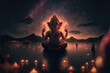 There are many galactic stars in the night sky of a huge massive GANESHA statue, with red lanterns rising in the sky, crowds watching the lantern festival. Generative AI Ganesha Festival.