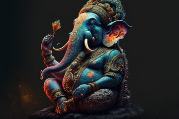 Generative AI on statue of Lord Ganesha , Ganesha Festival. Hindu religion and Indian celebration of Diwali festival concept on dark, red, yellow background and copy space