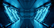 Blue spaceship interior with neon lights on panel walls. Futuristic corridor in space station background. 3d rendering