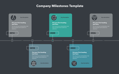 Aufkleber - Company milestones template with five stages - dark version. Slide for business presentation.