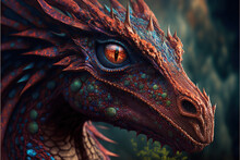 The Head Of A Red Fantasy Dragon With Beautiful Gems As Scales, Generative AI