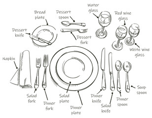 Table setting, top view. Vector illustrations such as plates, forks, spoons, knives, wine glasses with original custom fonts. dark lines on a white background. Use in the restaurant business.