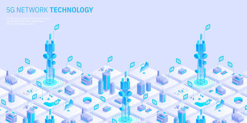 5g network technology concept. Wireless mobile telecommunication service. City buildings with telecommunication towers. Marketing website landing template. Isometric vector illustration.