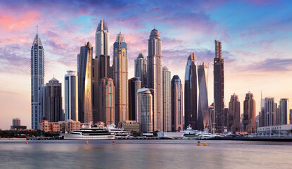 Wall Mural - Dubai skyline - Marina skyscrapers at dramatic sunrise, United Arab Emirates