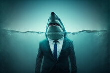 Shark Boss Underwater. Business Concept, Generative AI.
