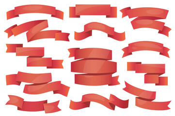Fototapete - Red ribbons and badges set graphic elements in flat design. Bundle of empty cartoon swirl and curve celebration banners and price tags with empty message space. Vector illustration isolated objects