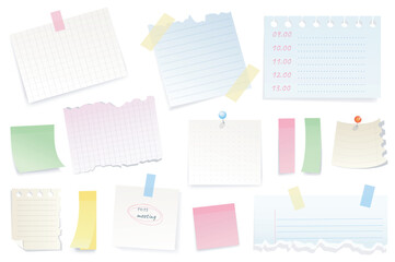 Fototapete - Reminder notepad sheets set graphic elements in flat design. Bundle of blank torn pieces of paper with tape or thumbtack, meeting reminder or to do list with pin. Vector illustration isolated objects