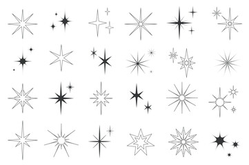 Aufkleber - Line stars set graphic elements in flat design. Bundle of minimalistic linear black symbols of starry night, falling star, firework in sky, Christmas decorations. Vector illustration isolated objects