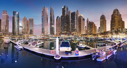 Wall Mural - Dubai Marina panorama at night with luxury yacht, UAE