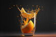 A close-up of a glass of fresh orange juice with a slice of orange on the rim, splash of juice, aspect ratio 3:2, Generative AI