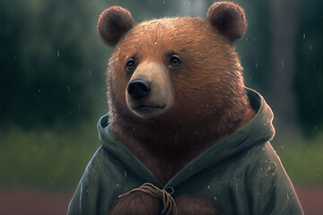bear cartoon, funny cartoon, bear character, sad bear, bear in the rain. illustration. generative ai