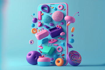 mobile phone with abstract dobjects on color background, social media marketing concept