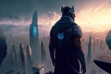 Wall Mural - dark warrior standing on top of the highest tower in the world, looking over a futuristic cyberpunk city. generative AI