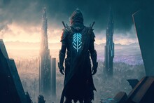 Dark Warrior Standing On Top Of The Highest Tower In The World, Looking Over A Futuristic Cyberpunk City. Generative AI