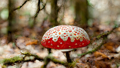 Wall Mural - Fly Agaric red and white poisonous mushroom or toadstool background in the forest