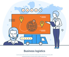 Wall Mural - Business logistics, transportation and delivery service business concept. Logistics hub, warehouse, sorting and goods transportation. Safety and fast cargo shipping thin line design of vector doodles