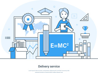 Wall Mural - Delivery service, logistic and online shopping web banner. Fast safe delivery from store to home or office. E-commerce, online order concept thin line design of vector doodles