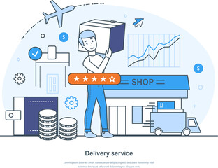 Wall Mural - Delivery service, fast delivery from store to home or office. Male courier carrying post cardboard box. E-commerce, online order concept thin line design of vector doodles