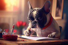 French Bulldog Writing A Love Letter To The Owner On A Desk. Animal And Pet Concept. Generative AI