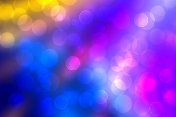 Wall Mural - Abstract dark blue gradient pink purple yellow background texture with glitter defocused sparkle bokeh circles and glowing circular lights. Beautiful backdrop with bokeh light effect.