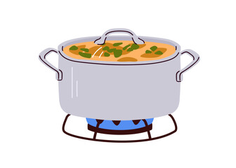 Wall Mural - Soup in saucepan, cook process on gas cooker. Sauce pan, pot with liquid meal, cooking on stove burner. Metal stockpot with hot home dish, food. Flat vector illustration isolated on white background