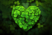 Green Heart Shaped Clover For St Patrick's Day. Generative AI
