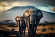Elephants on african savanna with Mount Kilimanjaro. Generative AI