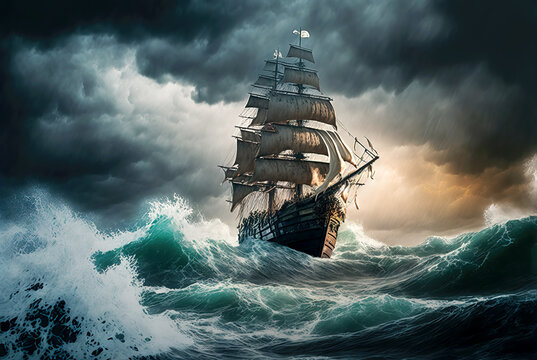 Wall Mural -  - Pirate ship sailing at storm on the sea. Generative AI